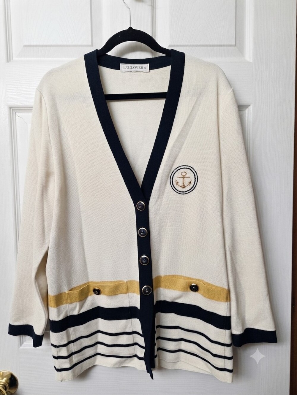 Vintage Naulover Nautical Style Cardigan Size 42 Ivory Navy Striped.